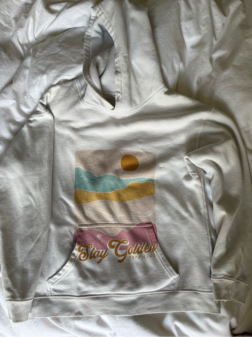 Pura Vida White Hoodie with Teal, Gold & Pink Graphic